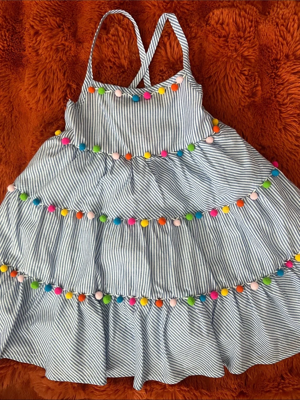 Tommy Bahama Blue Stripe Tiered Dress with Colorful Pom-Poms